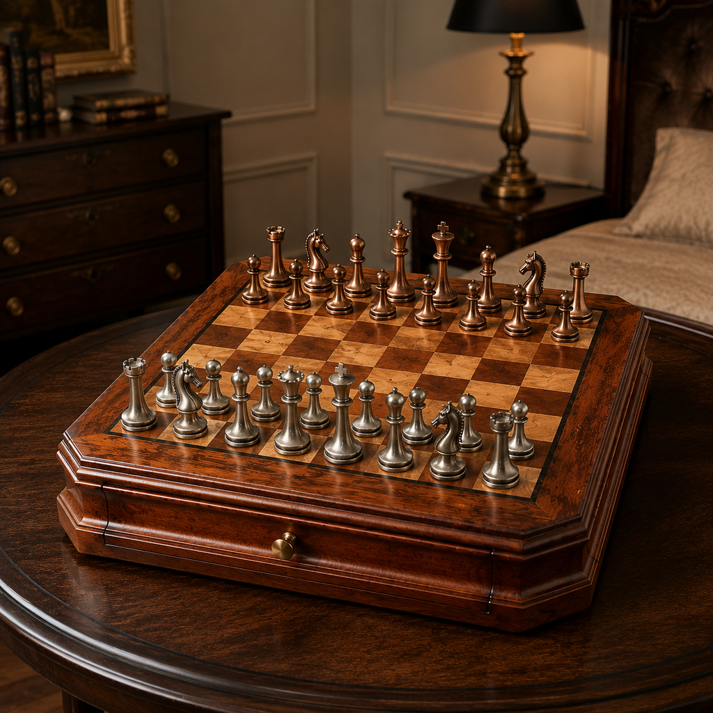 Jeu d’échecs en acajou à tiroirs et pièces en métal vieilli