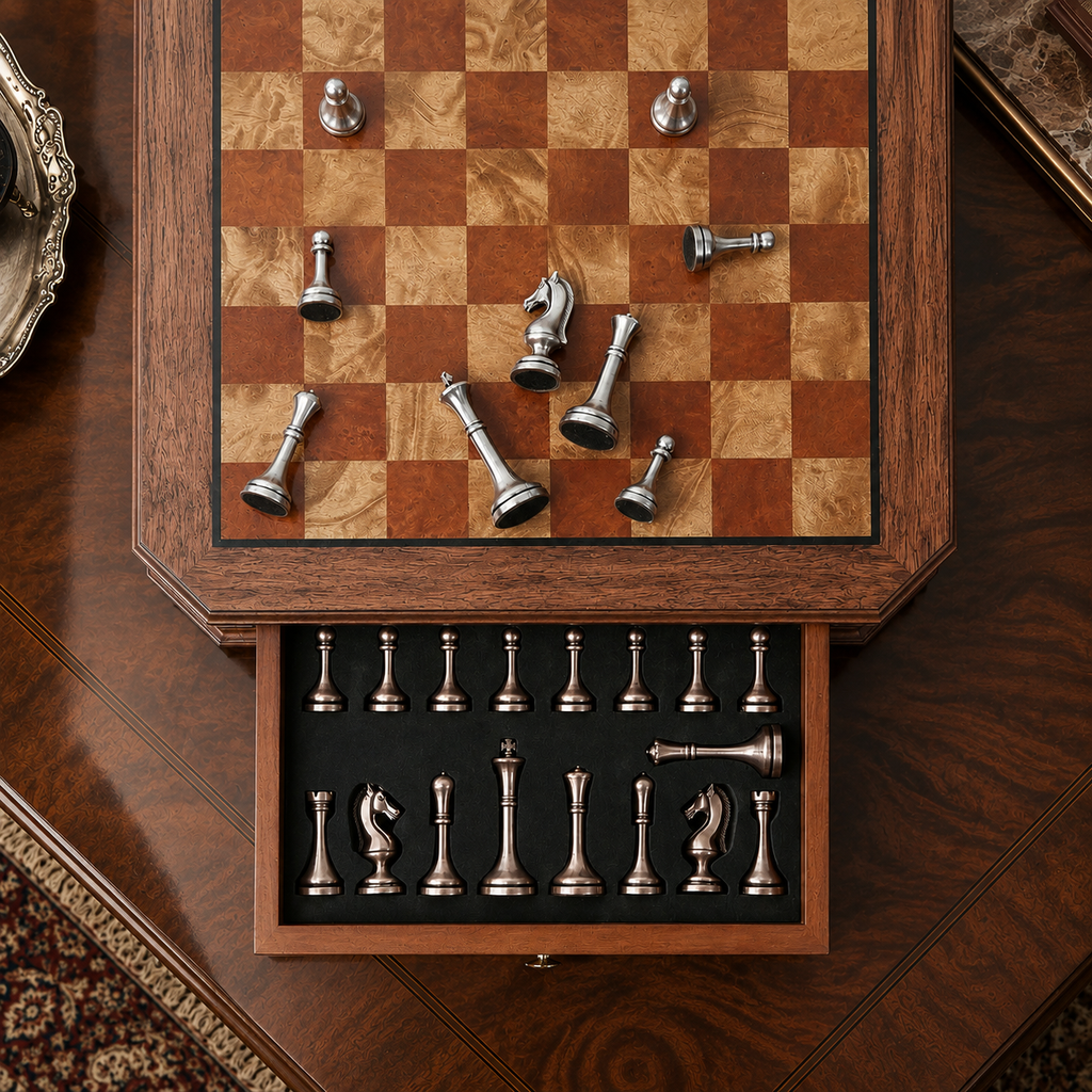 Jeu d’échecs en acajou à tiroirs et pièces en métal vieilli