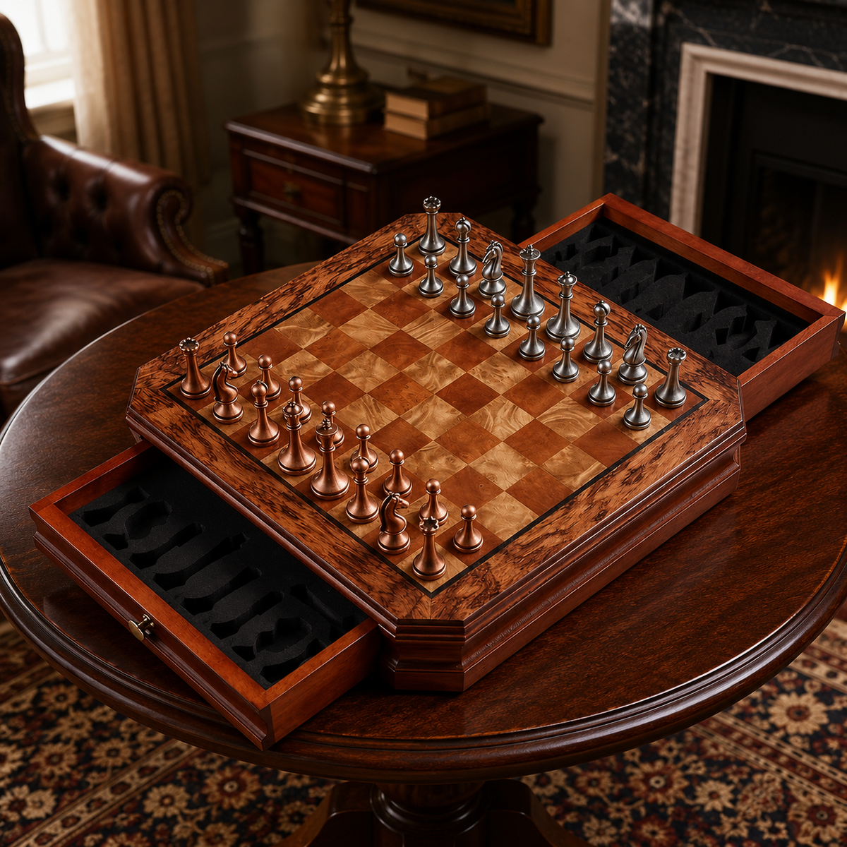 Jeu d’échecs en acajou à tiroirs et pièces en métal vieilli