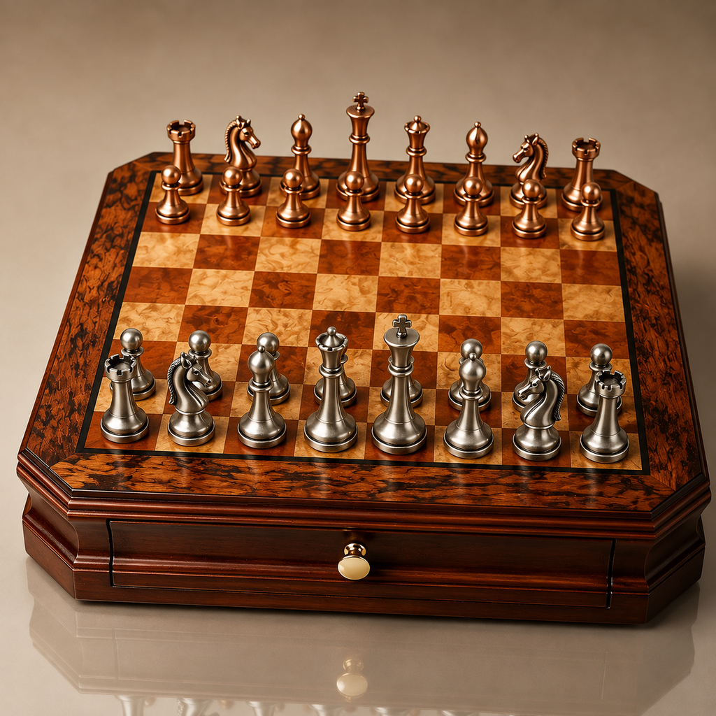 Jeu d’échecs en acajou à tiroirs et pièces en métal vieilli