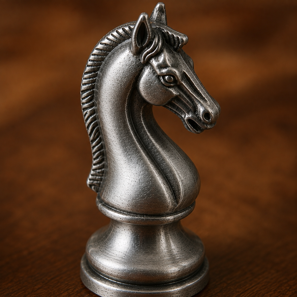 Jeu d’échecs en acajou à tiroirs et pièces en métal vieilli