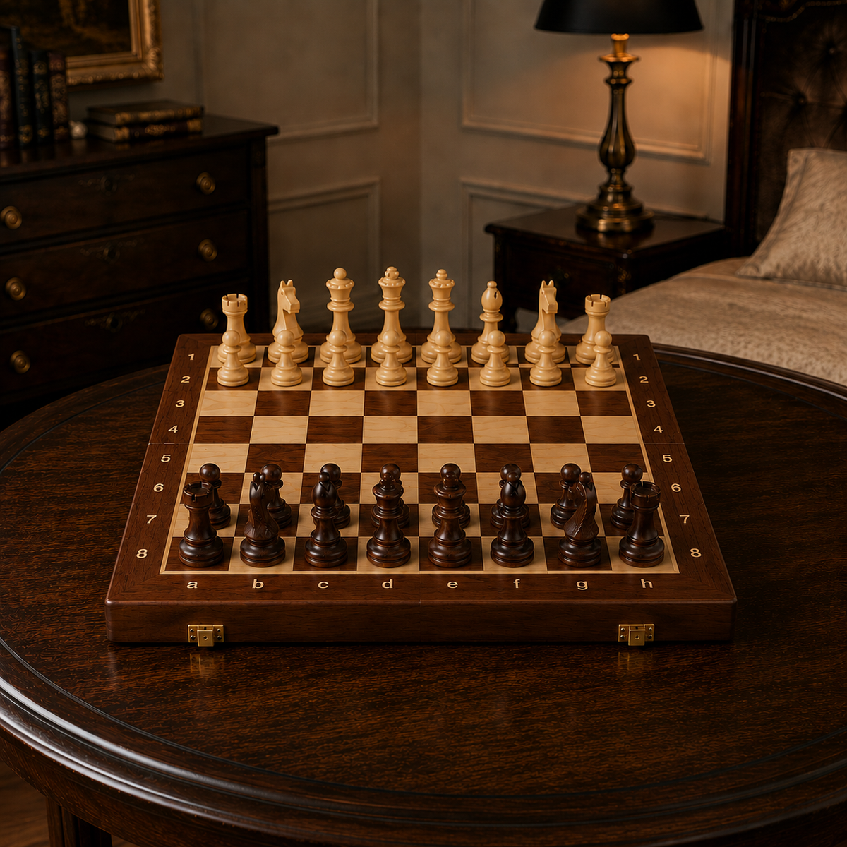 Jeu d’échecs pliable en bois massif avec pièces artisanales