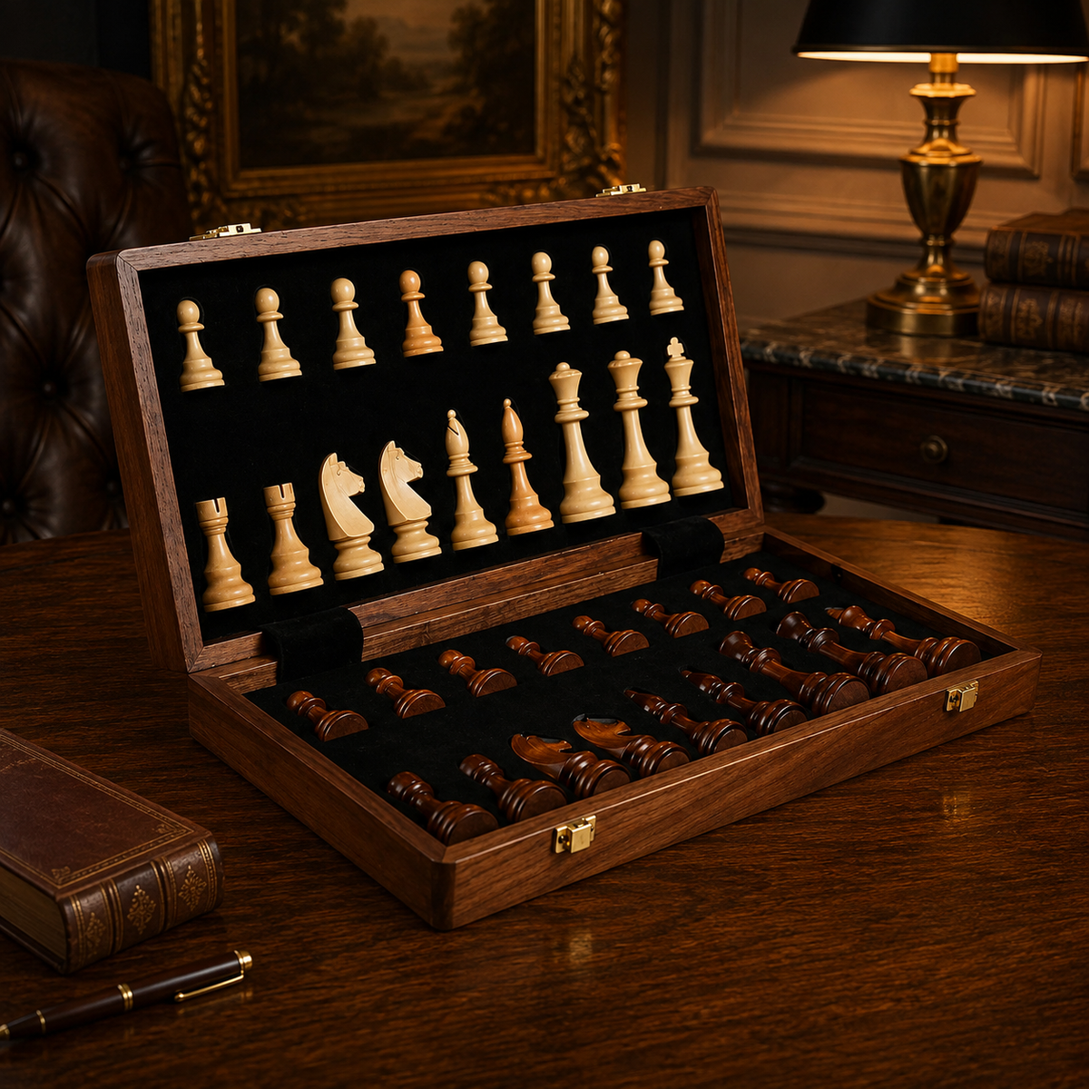Jeu d’échecs pliable en bois massif avec pièces artisanales